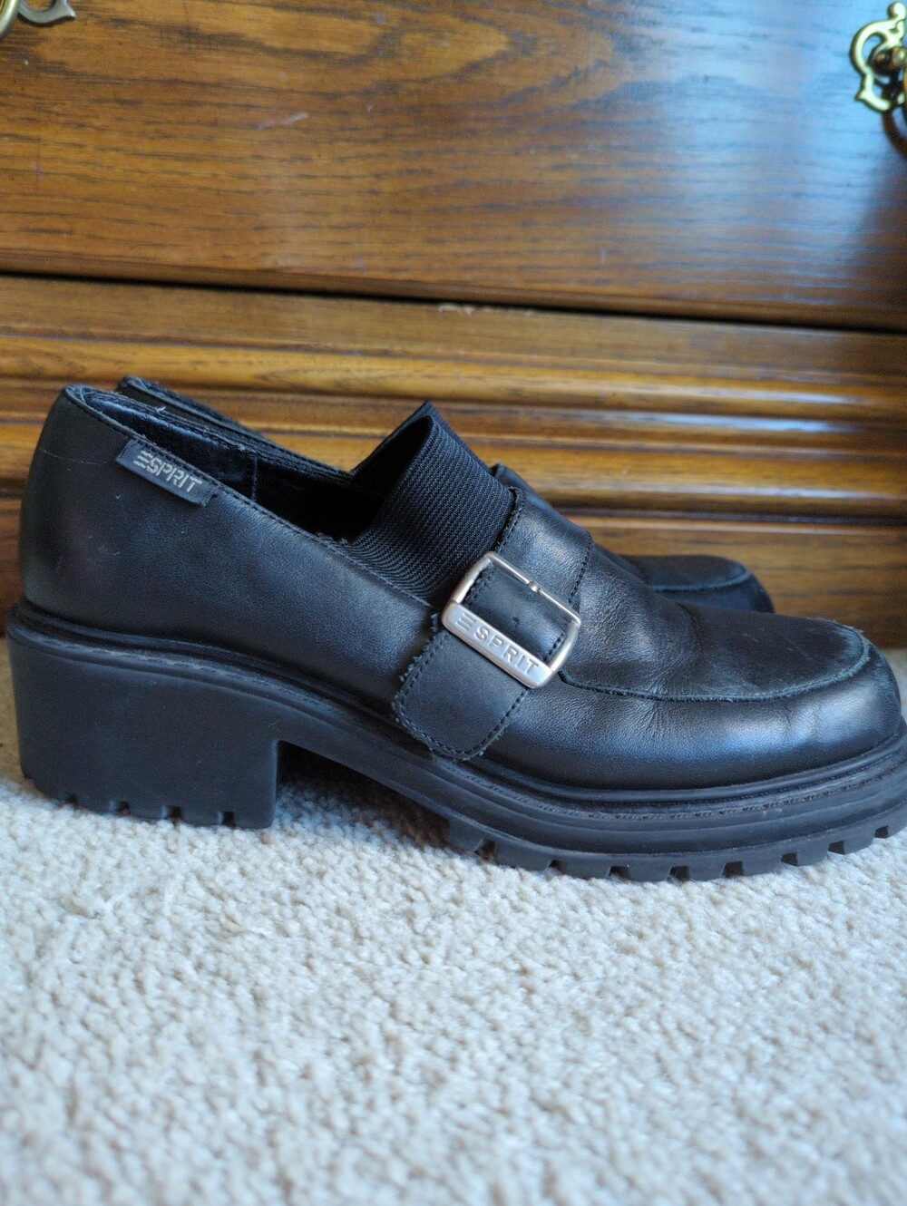 Vintage Y2K 90s Esprit Black Leather Chunky Heeled Loafers Buckle 7 2000s